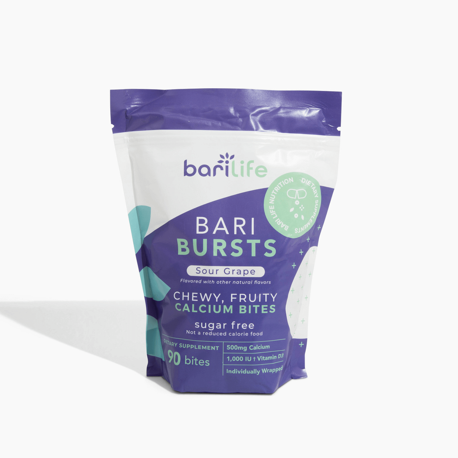 BariBurst Sour Grape calcium chews, sugar-free, 90 bites, 500mg calcium, 1,000 IU vitamin D.